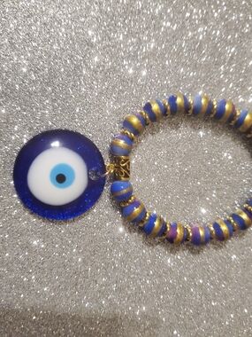 Evil Eye Stretch Bracelet with Blue and Gold Accent Beads